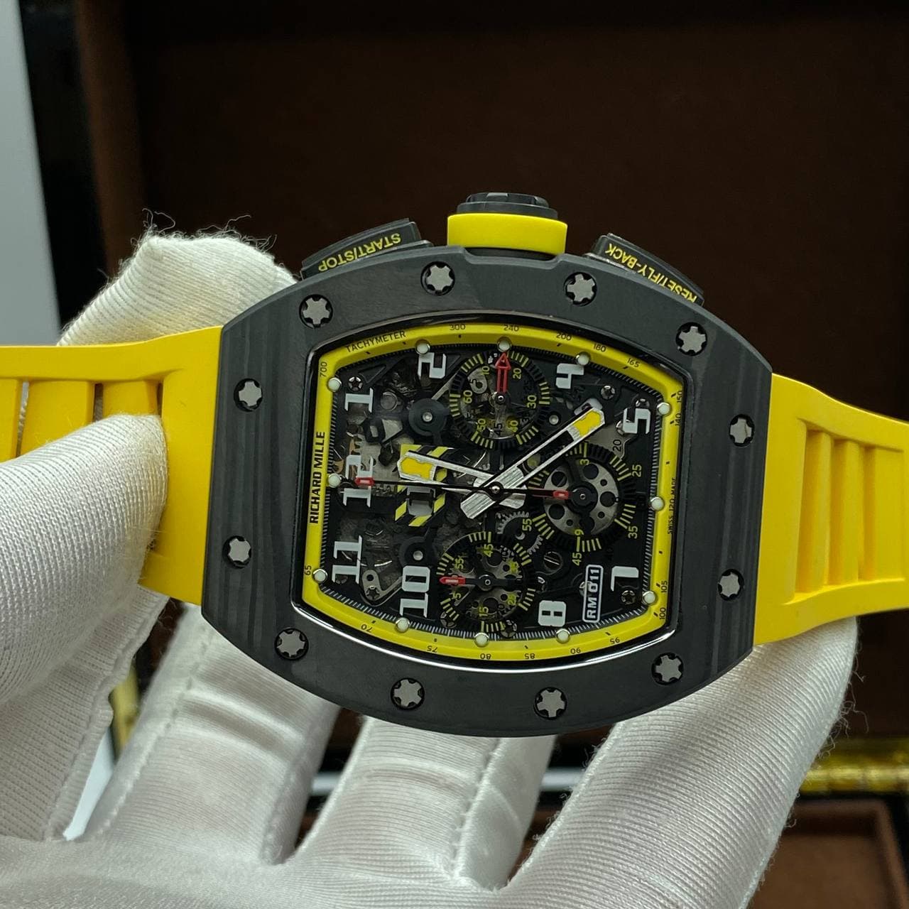 Richard Mille RM 011 Automatic Flyback Chronograph Carbon on Yellow Rubber Strap