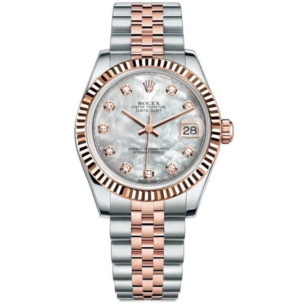 Rolex  Datejust 31 Everose Rolesor Fluted Bezel Jubilee  178271 mother of pearl diamond dial